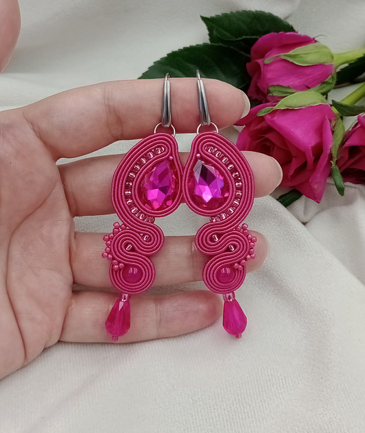 Długie kolczyki soutache na wesele, kolczyki fuksja