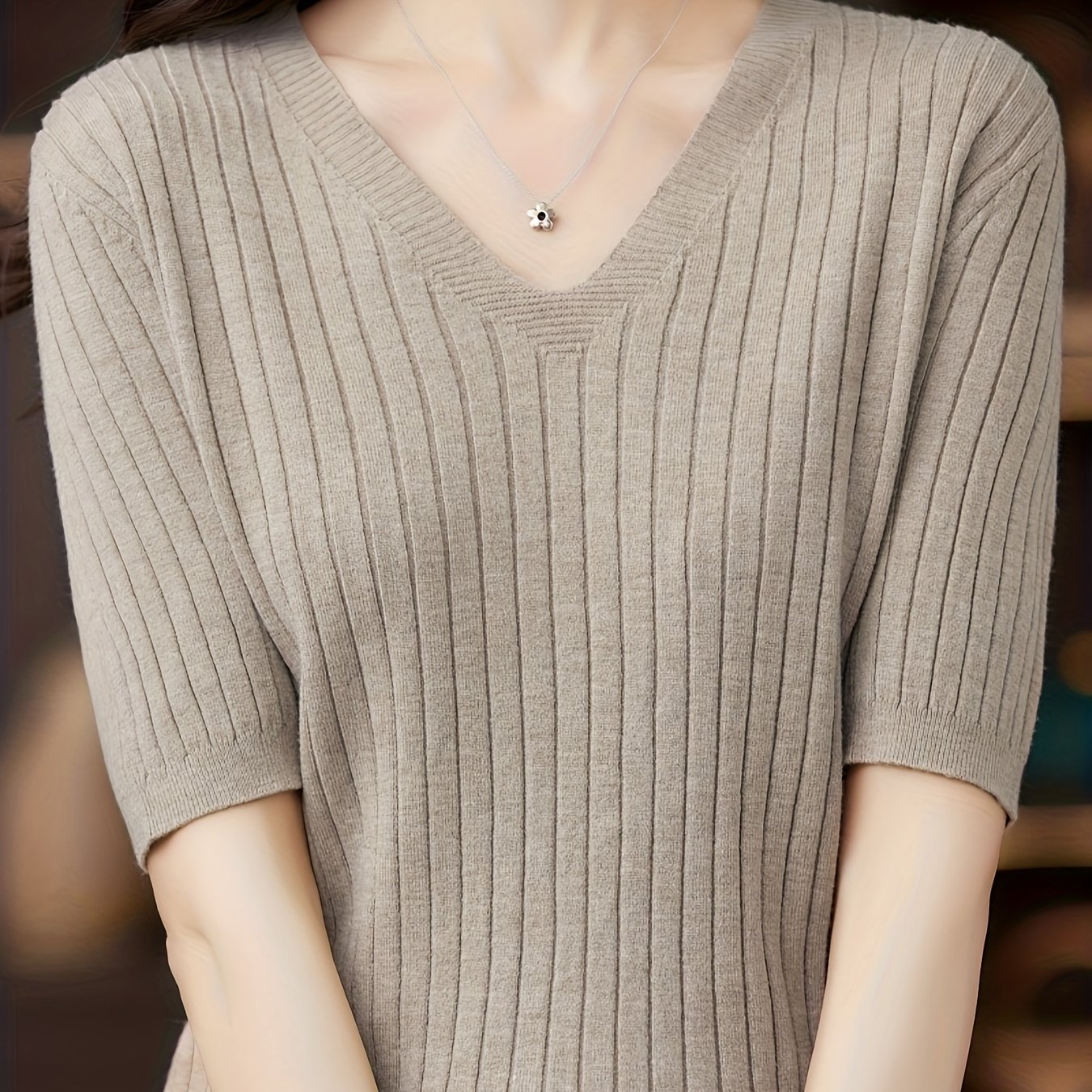 TEMU Bluzka Damska z Dekoltem w Serek - Luźny Krój, Krótki Rękaw, Wysoka Elastyczność, Pranie Maszynowe, Jednokolorowa, Do Warstwowania na