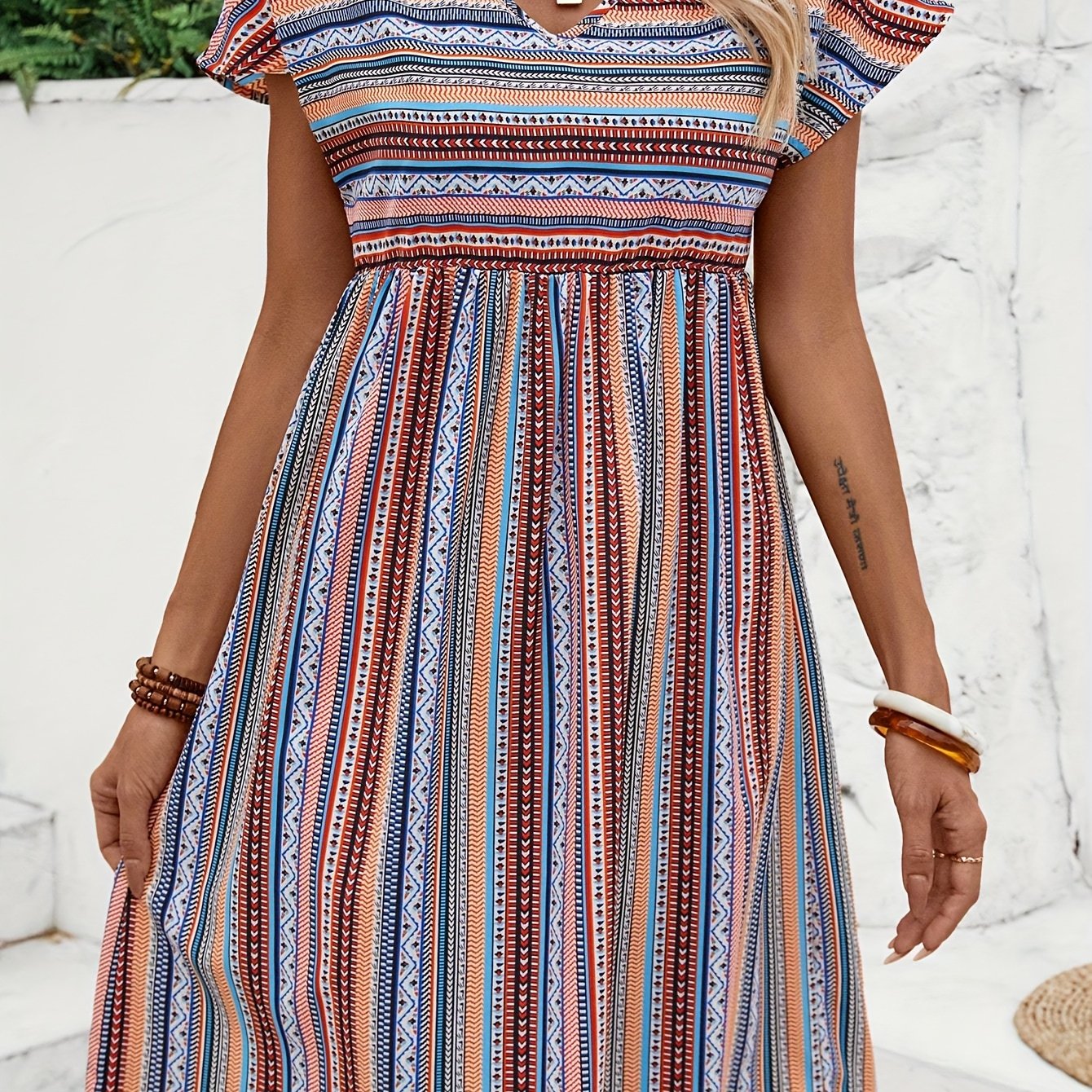 TEMU Damska sukienka w paski z krótkim rękawem, idealna na wakacje, z nadrukiem