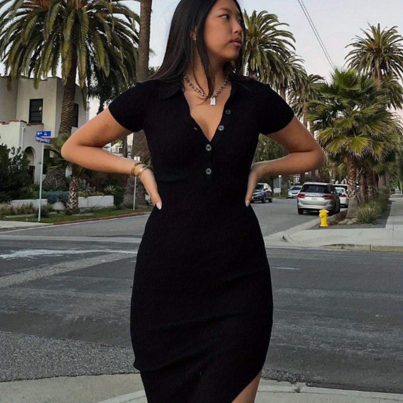 TEMU Kobieca Elegancka Sukienka z Krótkim Rękawem, Rozcięcie w Paski i Długą Koszulą na Guzikach