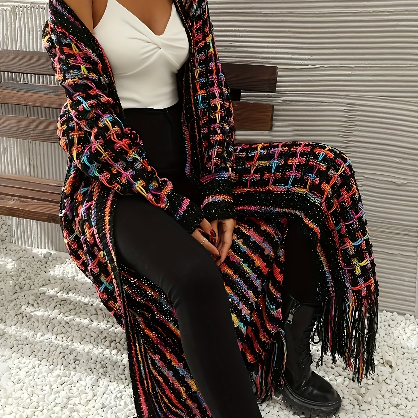 TEMU Elegancki długi sweter kardigan z frędzlami dla kobiet, dostępny w wielu kolorach, wykonany z akrylu i można prać w pralce.