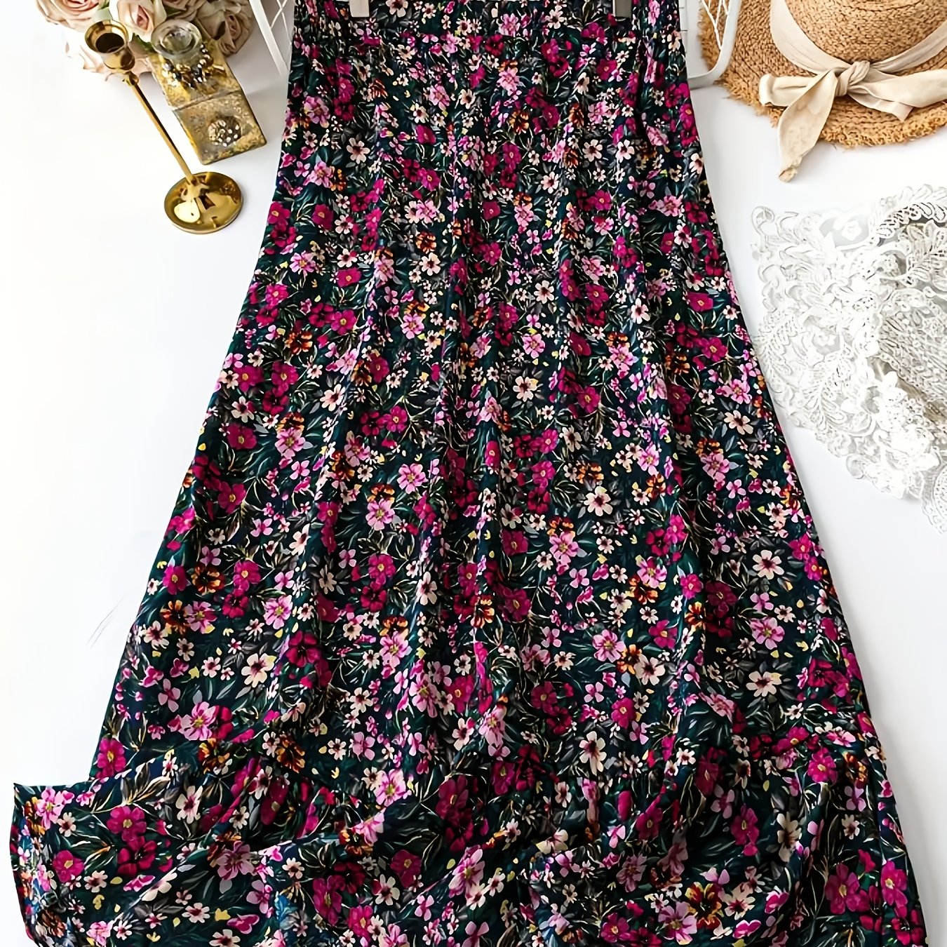 TEMU Spódnica damska z falbanką, ołówkowa spódnica w stylu boho na wakacje z kwiatowym nadrukiem i elastyczną talią