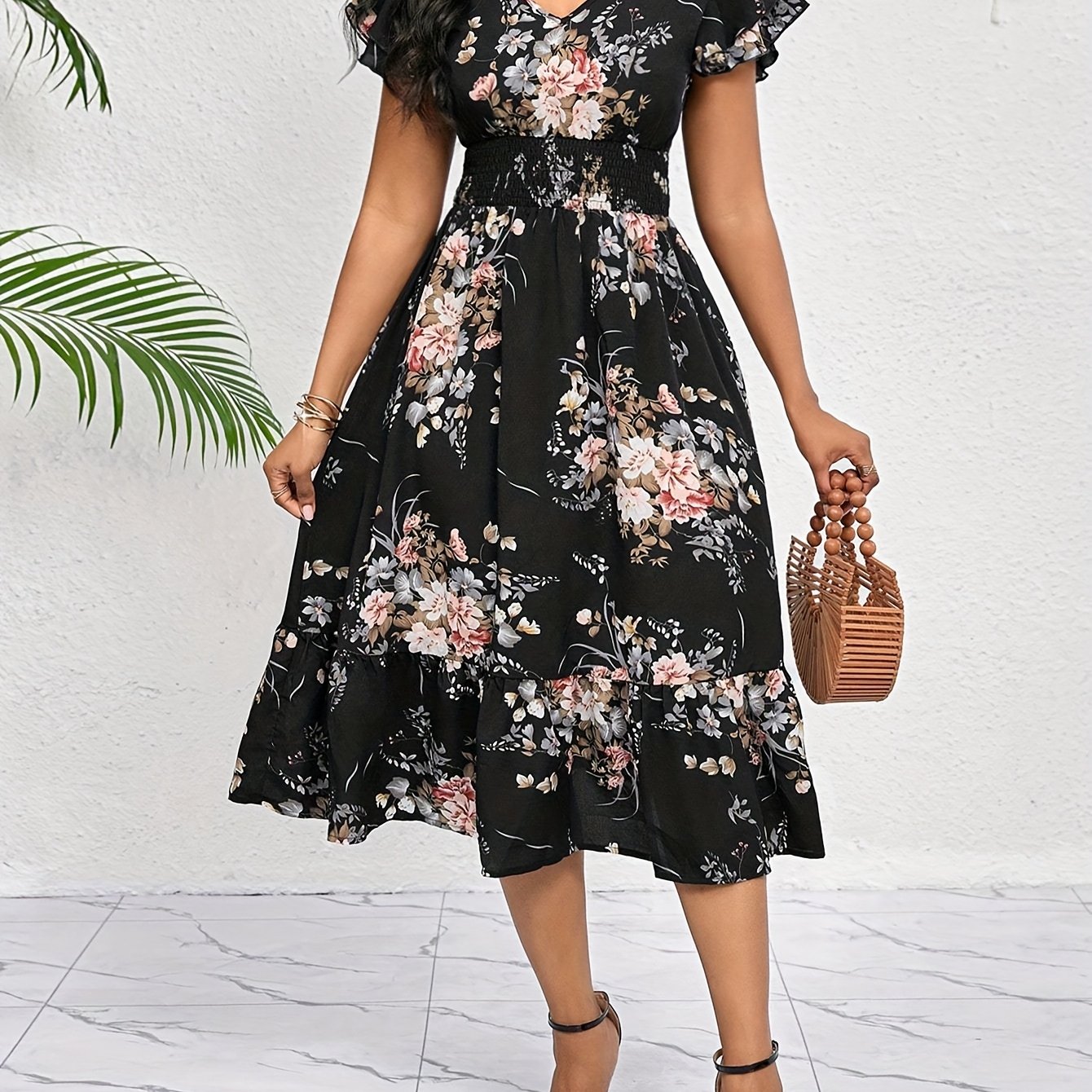 TEMU Sukienka Midi z Falbanką i Paskiem, Elegancka na Każdą Okazję – Casualowa do Biura, Imprezowa lub Festiwalowa, Styl Boho, Idealna na Urodziny i