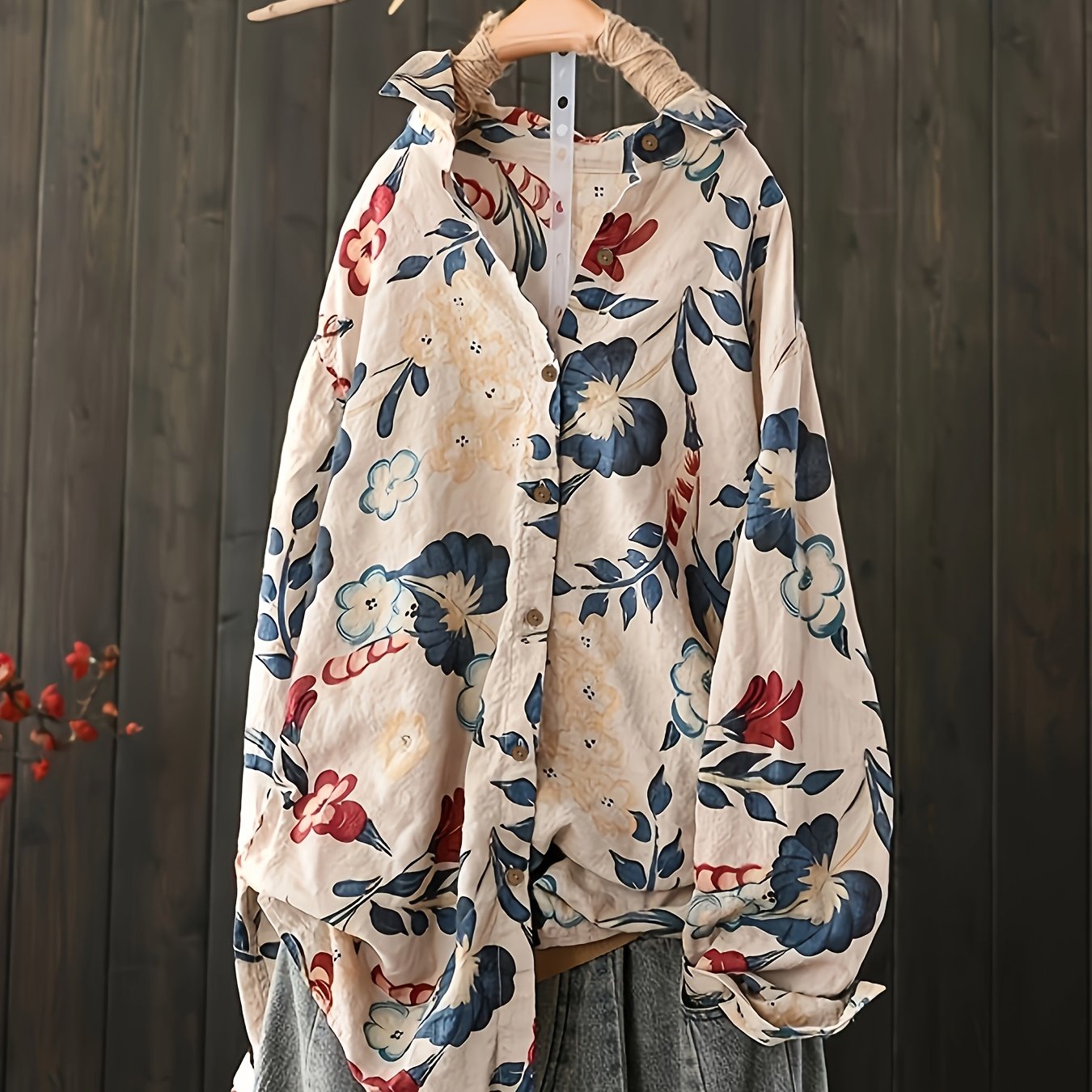 TEMU Damska koszula w kwiaty z długim rękawem na jesień, idealna na co dzień i na wakacje