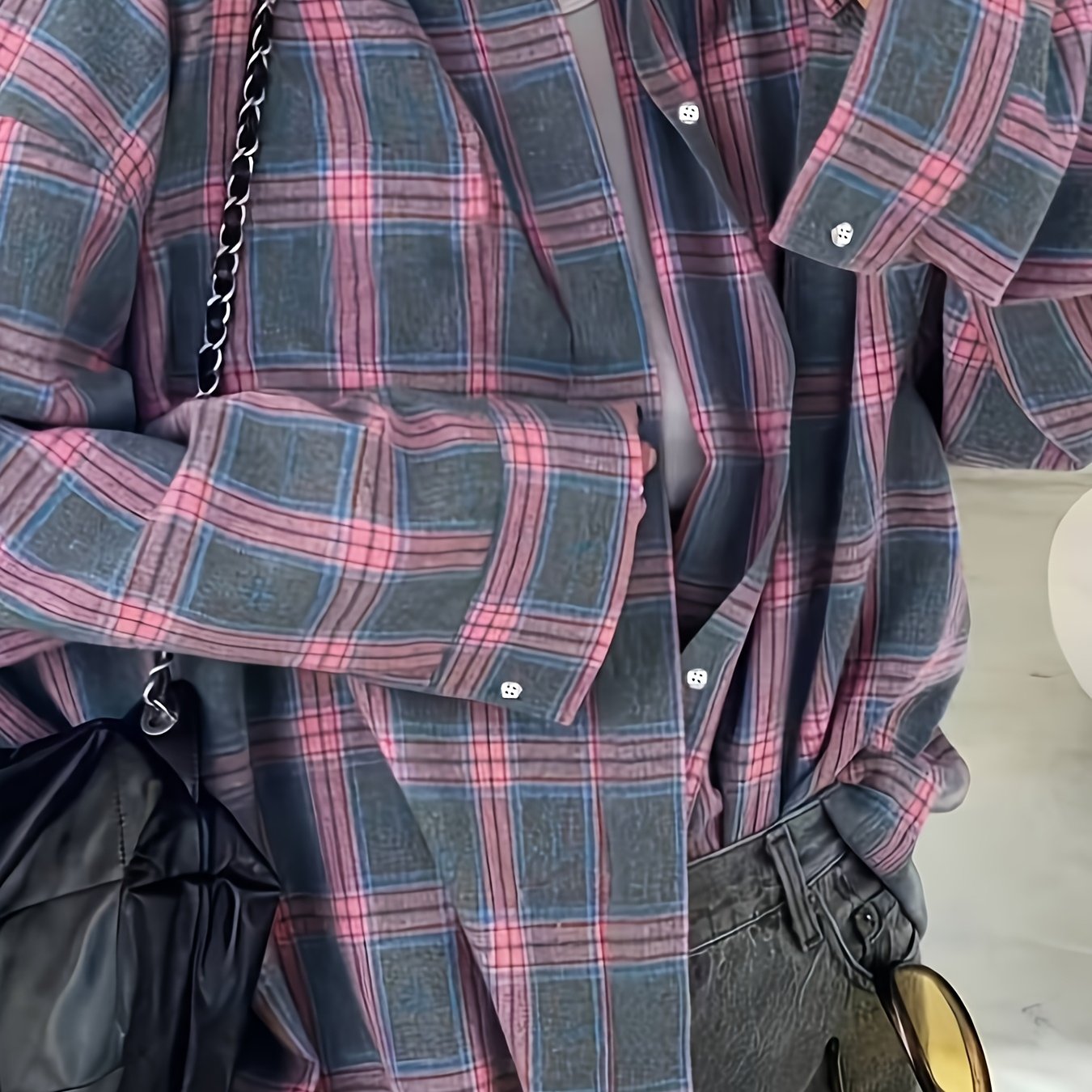 TEMU Koszula Damska w Kratę z Kołnierzykiem na Guziki, Długi Rękaw, Idealna na Wiosnę, Jesień, Wakacje, Imprezy i Podróże