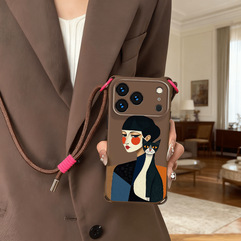 TEMU Etui na telefon - Modne etui na telefon z motywem kocią dziewczyną, crossbody, czterokątne, odporne na upadki, z regulowanym paskiem,