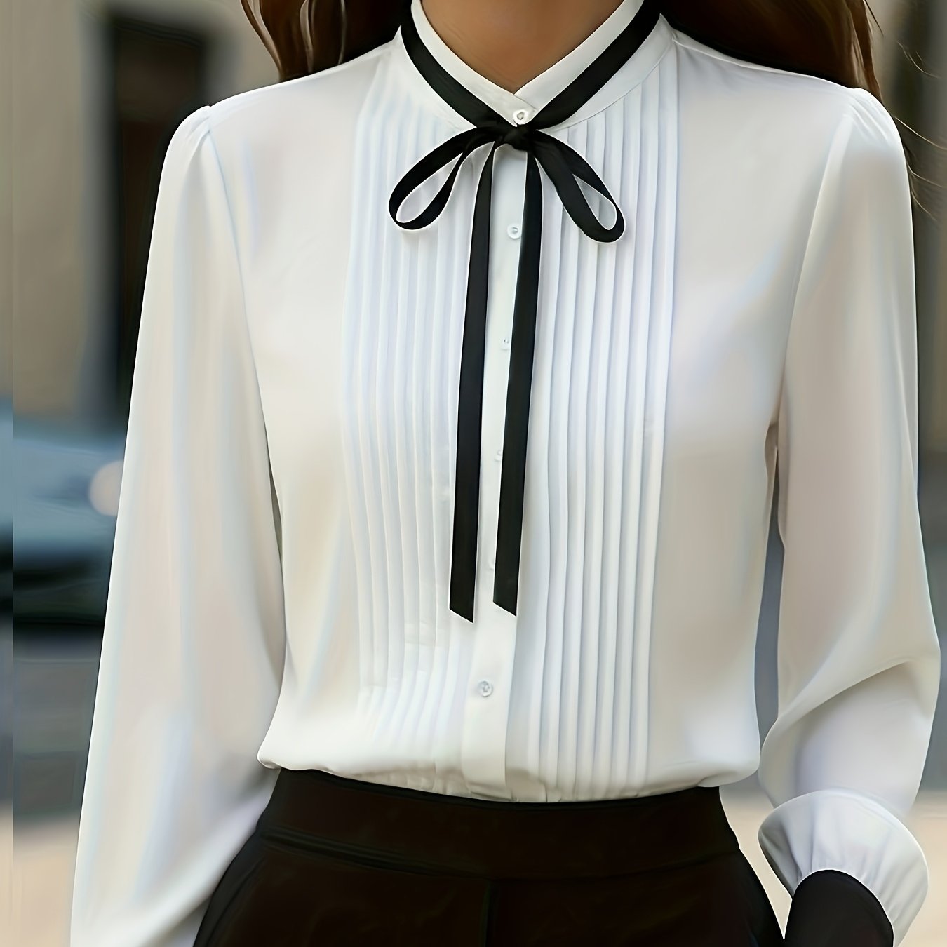 TEMU Damska Elegancka Koszula z Długim Rękawem, Plisowana z Kokardą, Jednokolorowa