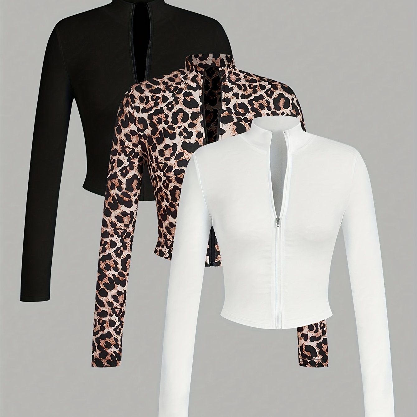 TEMU Trzyczęściowy Zestaw Prostych, Casualowych Damskich T-shirtów na Jesień/Zimę z Dekoltem w Serek, Elastycznych, z Półzamkiem i Dopasowanymi