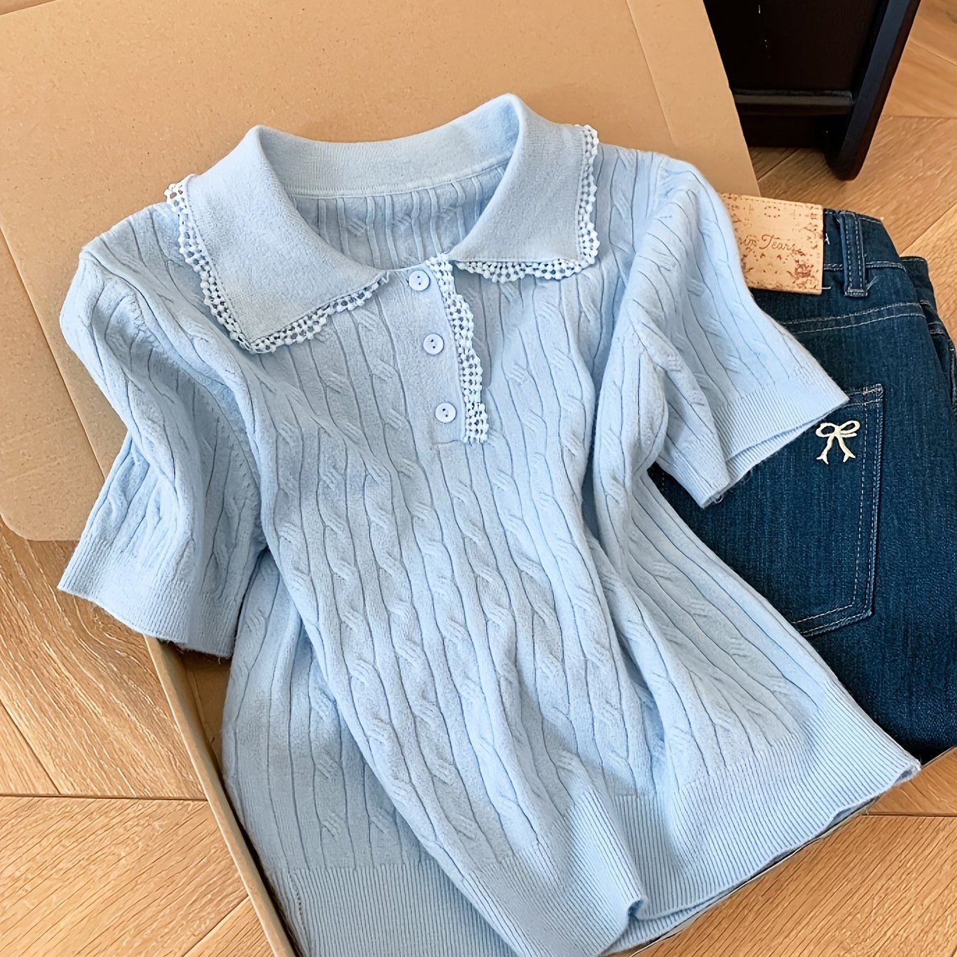 TEMU Sweter z krótkim rękawem i kołnierzem w stylu patchwork z koronką, warstwa podstawowa na jesień/zimę dla kobiet, Petite, elegancki temperament,