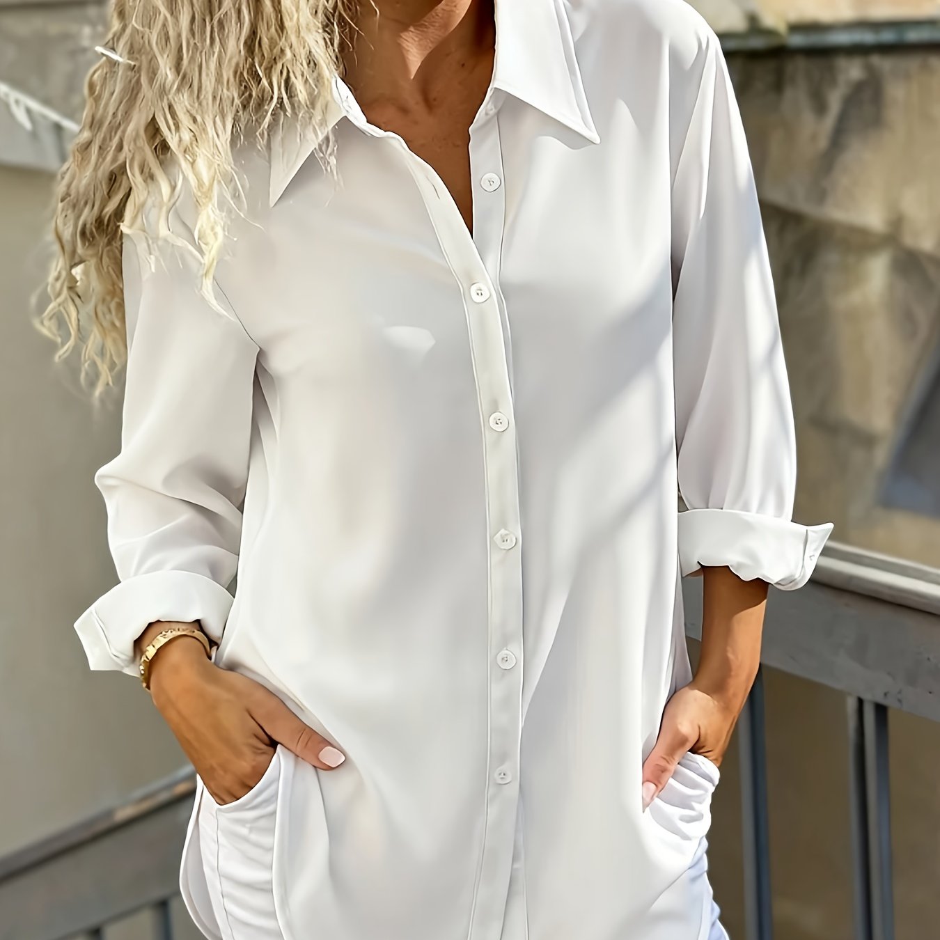 TEMU Damska Koszula Długi Rękaw Jednokolorowa Na Wszystkie Pory Roku, Klasyczna Biała, Modna Elegancka Wszechstronna Stylowa Koszula Z Guzikami +