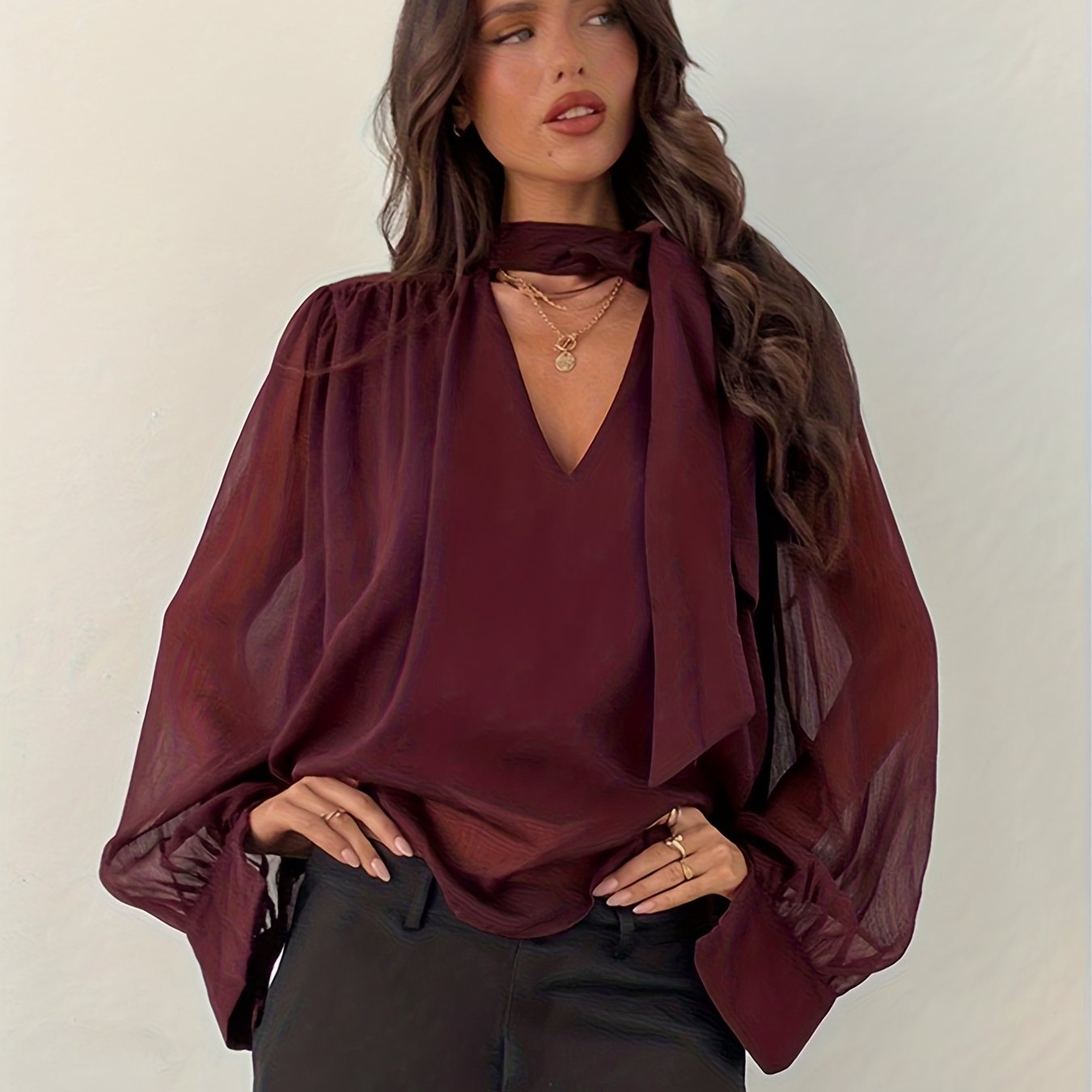 TEMU [Ns702] damska koszula z długim rękawem, dekoltem w serek i rozkloszowanymi rękawami, o luźnym kroju i transparentnej tkaninie, inspirowana