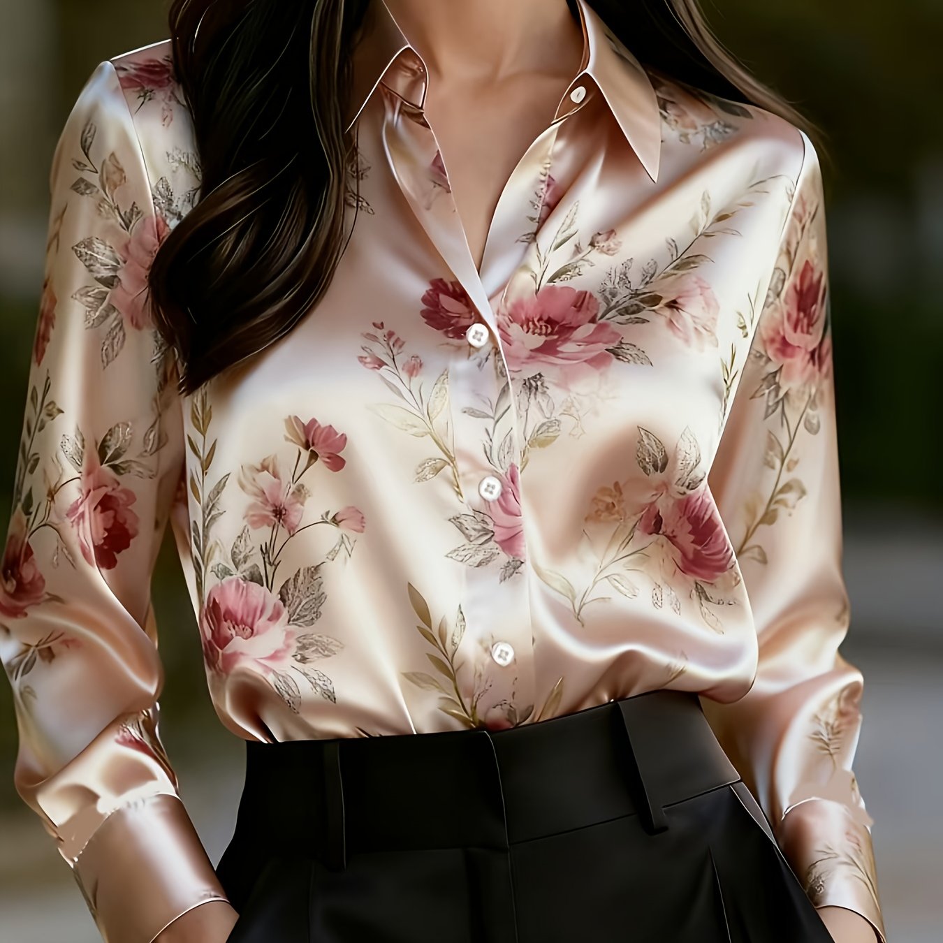 TEMU [Styl] Elegancka Koszula Satynowa Damska Specjalnej Edycji z Nadrukiem - Koszula z Długim Rękawem, Kołnierzyk, Średnia Elastyczność i Możliwość