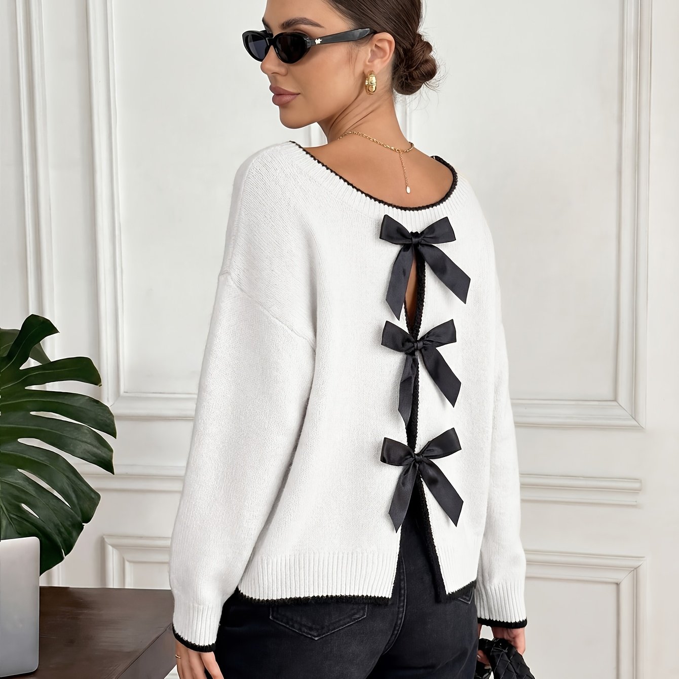 TEMU Damska Lekka Bluzka - Bluzka z Kokardą na Plecach, Okrągły Dekolt, Elegancka Bluzka na Wiosnę, i Jesień, Średnio Elastyczna, Pranie w Praniu