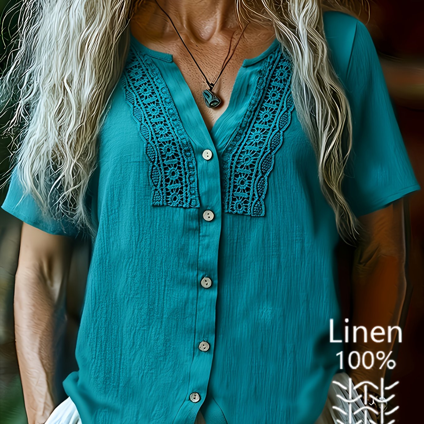 TEMU Damska Lniana Koszula w Stylu Leśnym z Krótkim Rękawem, Luźna Bluzka z V-Neck i Koronkowym Wykończeniem na Guziki, Boho Haftowana Lniana Koszula