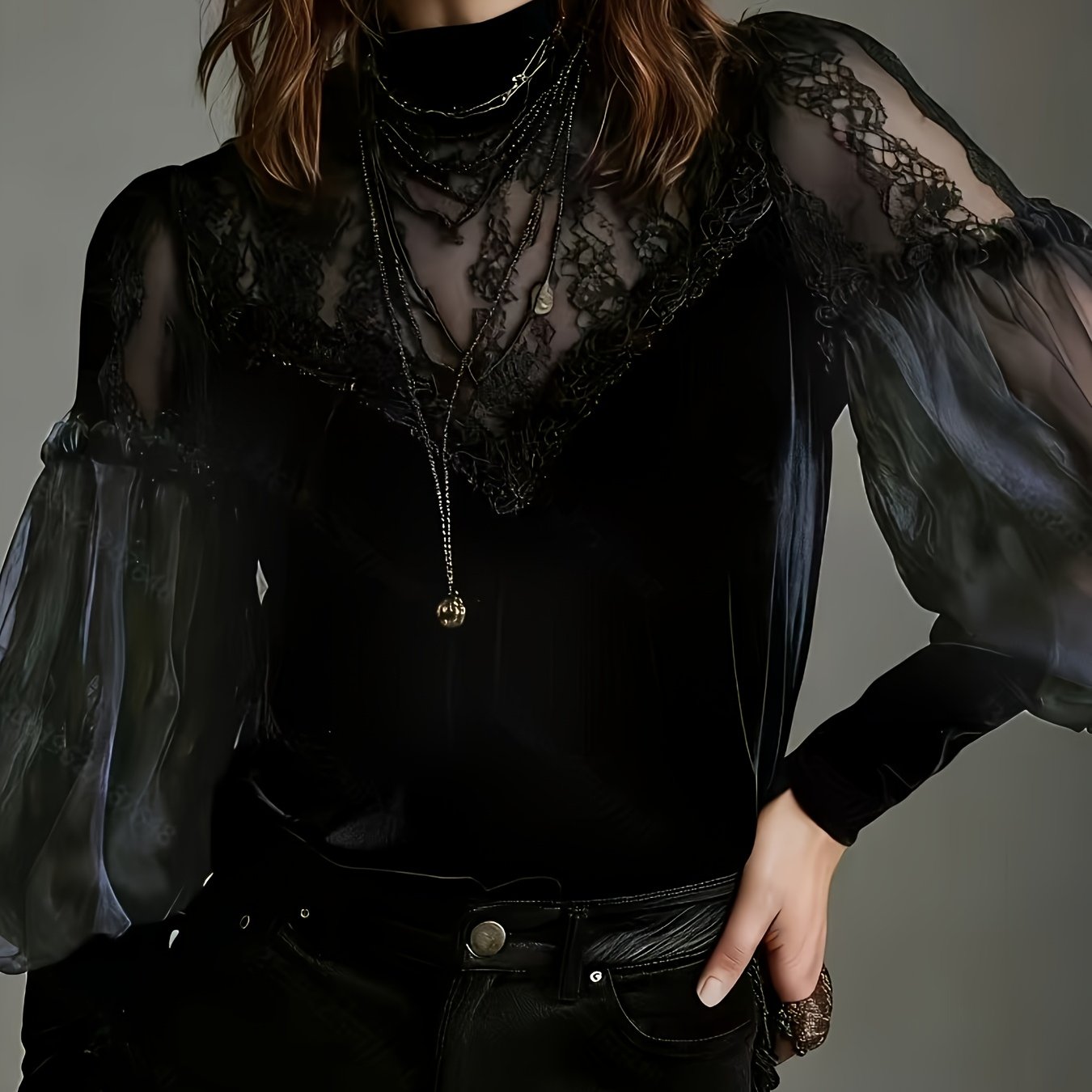 TEMU 'owa Czarna Aksamitna Koszula z Koronkowymi Łatami i Latarnianymi Rękawami, Stylowa i Elegancka 'owa Koszula z Długim Rękawem, Odpowiednia do