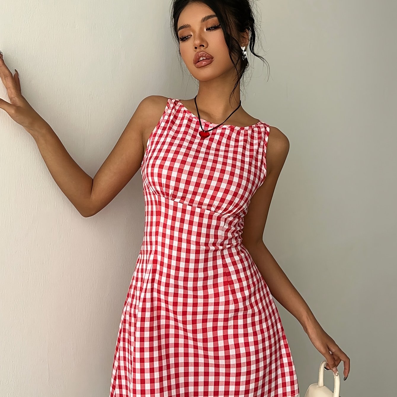 TEMU Damska Sukienka Mini w Kratę z Dekoltem w Serek, Bez Rękawów, Kolorowa, Koronkowa, Dopasowana, Idealna na Biznesowy Casual Wiosną i Latem