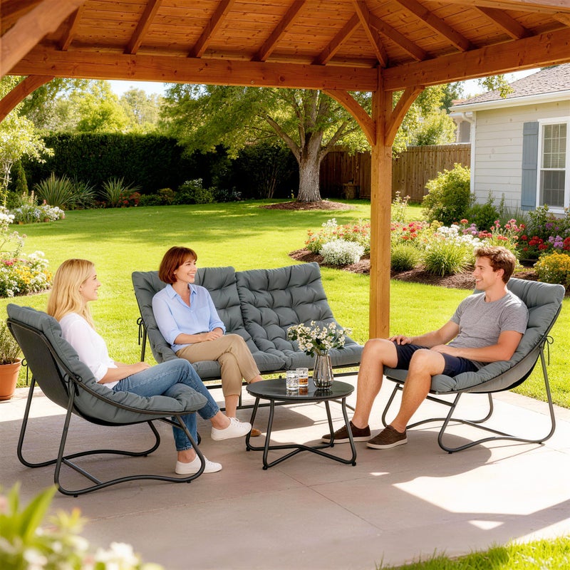 Zestaw mebli ogrodowych na 4 osoby, 2 krzesła, 1 podwójna sofa, 1 stół, grube poduszki, stalowa rama, na taras, szary