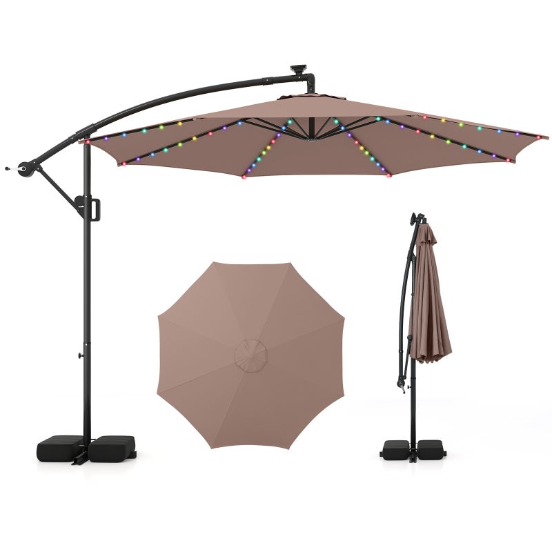 Zewnętrzny Parasol Ogrodowy z Podstawą, Parasol Boczny 3x3M z Kolorowymi LEDami, 9 Trybów Świetlnych, Obrot 360°, Korbą, do Balkonu i Tarasu, Brązowy