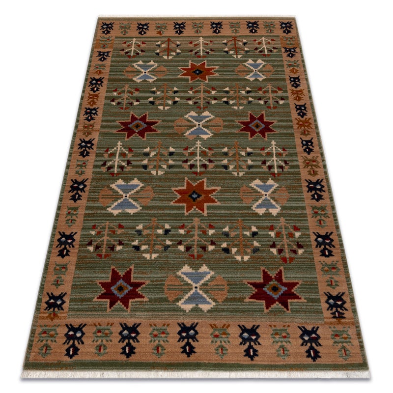 Dywan wełniany KESHAN Frędzle, Etniczny orientalny 6902/53533 zielony / terakota 80x145 cm