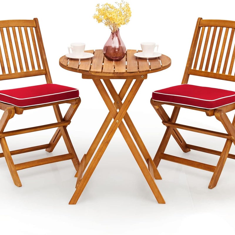 Zestaw Ogrodowy dla 2 Osób, Stolik Bistro z Drewna Akacjowego z 2 Krzesłami i 2 Zdejmowanymi Poduszkami, Składany, na Taras lub do Ogrodu (Czerwony)