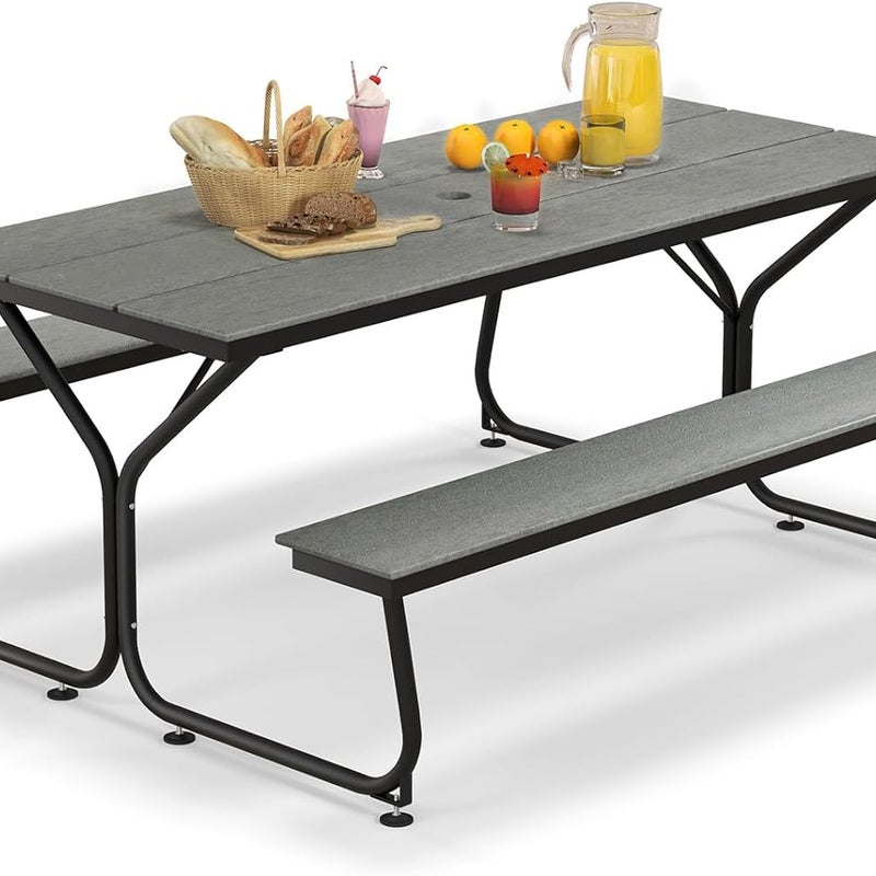 Zestaw Ławki i Stołu Piknikowego dla 6–8 Osób, 183 cm Stół Krzesło Kempingowe Metalowe z Blatem z HDPE, Obciążenie 500 kg (Szary)
