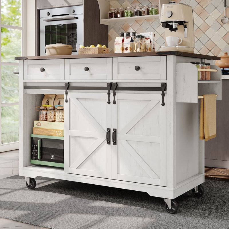 Mobilna wyspa kuchenna z 2 drzwiami przesuwnymi i 3 szufladami - wysuwany blat - 140 x 45/73 x 92,5 cm - drewno MDF + metal - biały