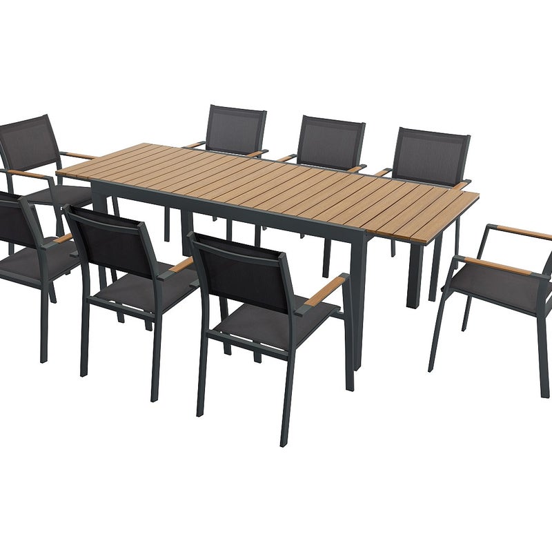Zestaw mebli ogrodowych jadalnianych z aluminium i polywood - rozkładany stół dł. 170/230 cm i 8 sztaplowanych foteli - Naturalny jasny i antracytowy