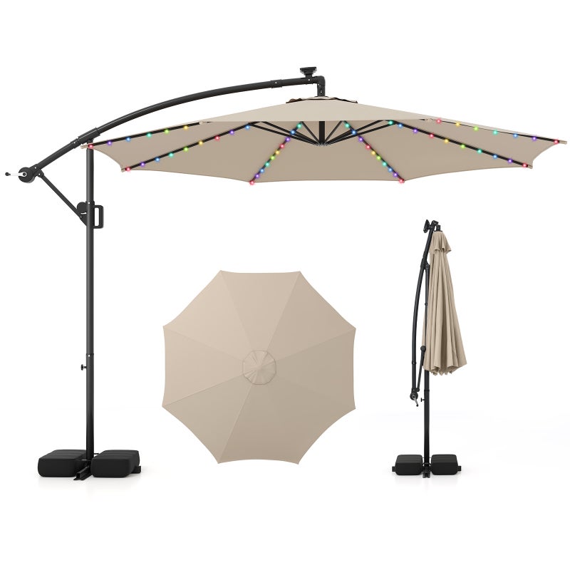Zewnętrzny Parasol Ogrodowy z Podstawą, Parasol Boczny 3x3M z Kolorowymi LEDami, 9 Trybów Świetlnych, Obrot 360°, Korbą, do Balkonu i Tarasu, Szary