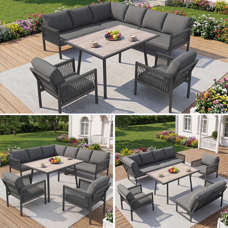 Nowoczesny zestaw mebli ogrodowych metalowych 7-8-osobowych: 2 sofy + 2 fotele + stół jadalny - poduszki z bawełny PP - szary