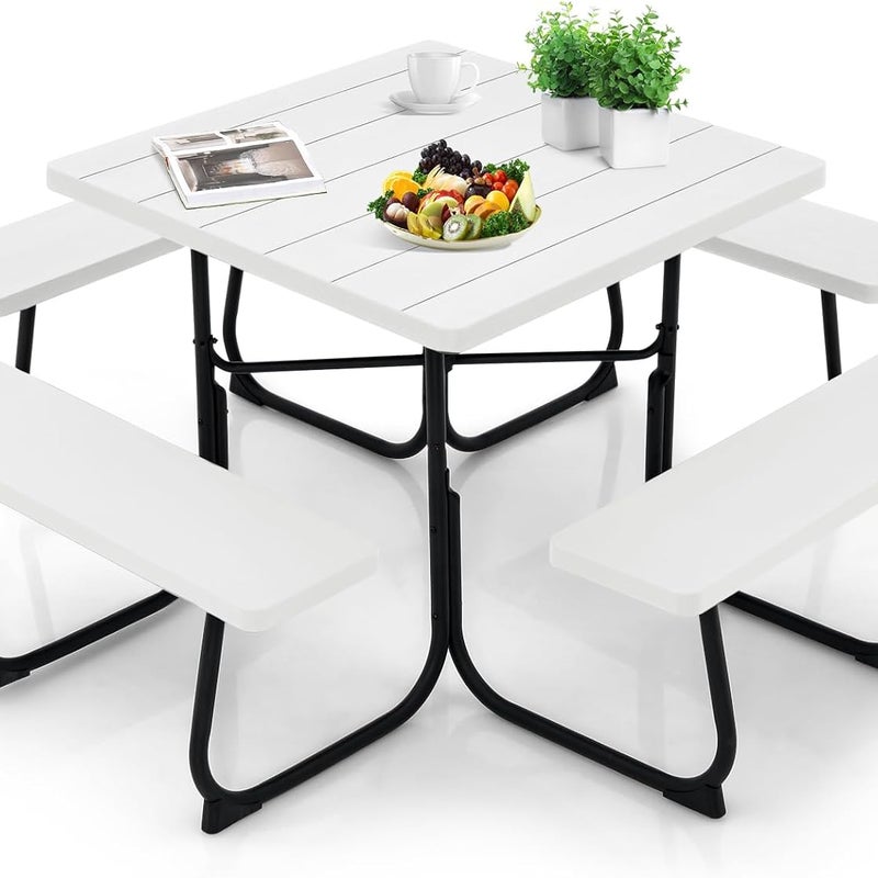 Stół Piknikowy z 4 Wbudowanymi Ławkami dla 4–8 Osób, Stół Ogrodowy z HDPE z Otworem na Parasol, Nośność 225 kg (Biały)