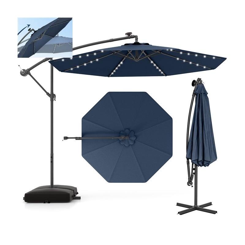 Parasol przeciwsłoneczny ze stojakiem i diodami LED, Ø 300 cm, z korbą, parasol ogrodowy, parasol na taras, do ogrodu, na basen, taras (niebieski)