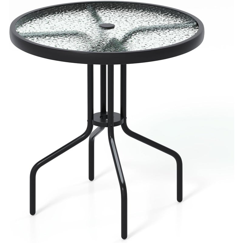 Stół Ogrodowy Typu Bistro, Okrągły Stół Jadalny o Średnicy 70 cm z Blatem ze Szkła Hartowanego i Otworem na Parasol o Średnicy 4 cm, Czarny, 70x70 cm
