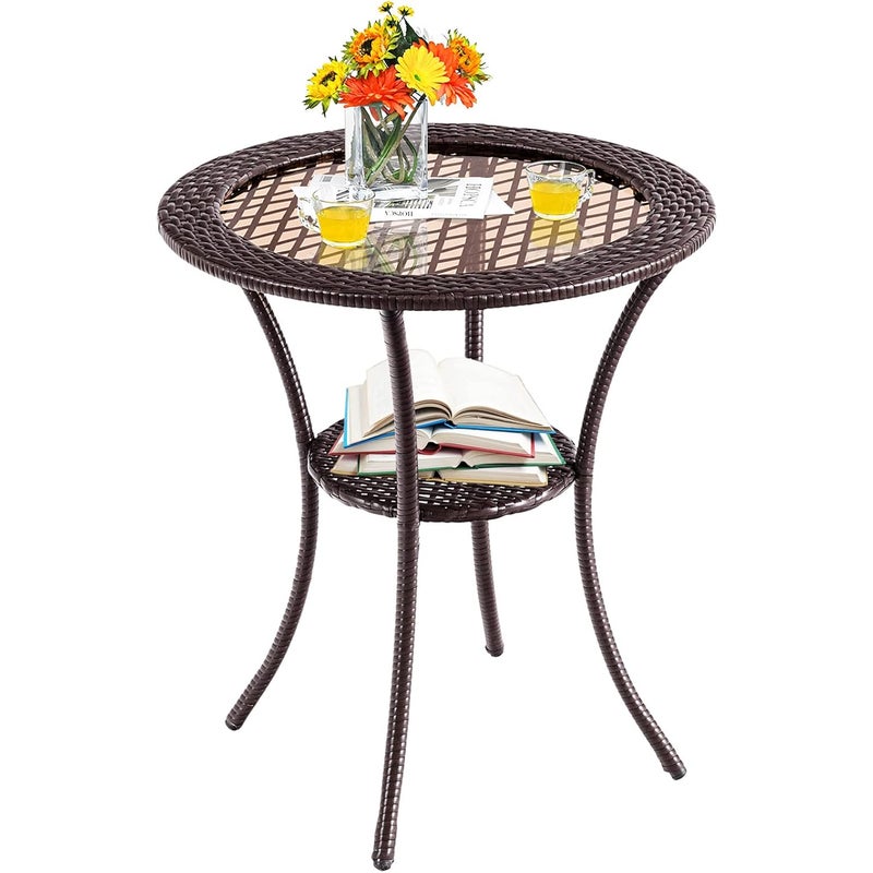 Okrągły Stół Ogrodowy z 2 Poziomami z Rattanu PE, Blat ze Szkła Hartowanego, Łatwy Montaż, Metalowa Rama, Stół Bistro na Zewnątrz, 64 x 64 x 71,5 cm