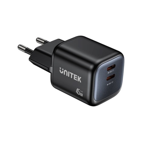 UNITEK ŁADOW. SIECIOWA 2X GAN 45W, 2XUSB-C PD 3.0, QC, CZARNA