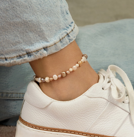 Bransoletka na nogę perły srebro 925 pozłacane