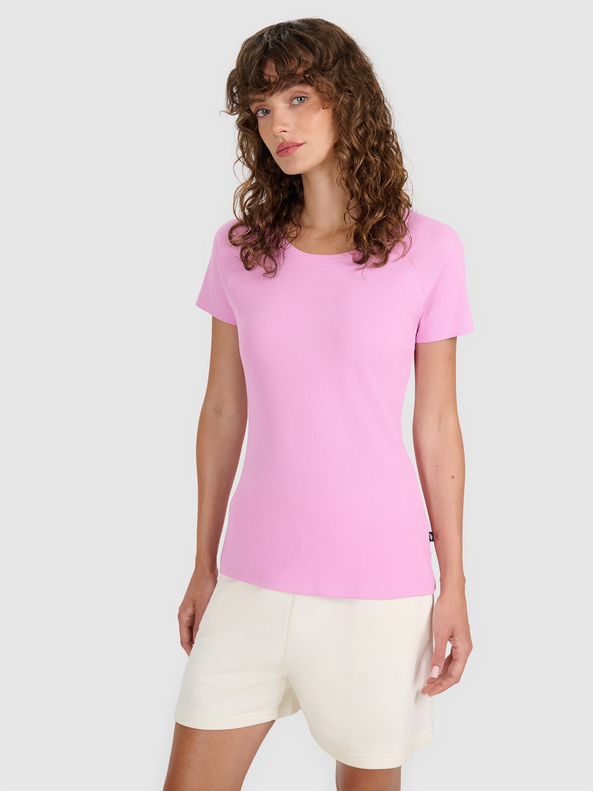 4F T-shirt regular z prążkowanej dzianiny damski - różowy L