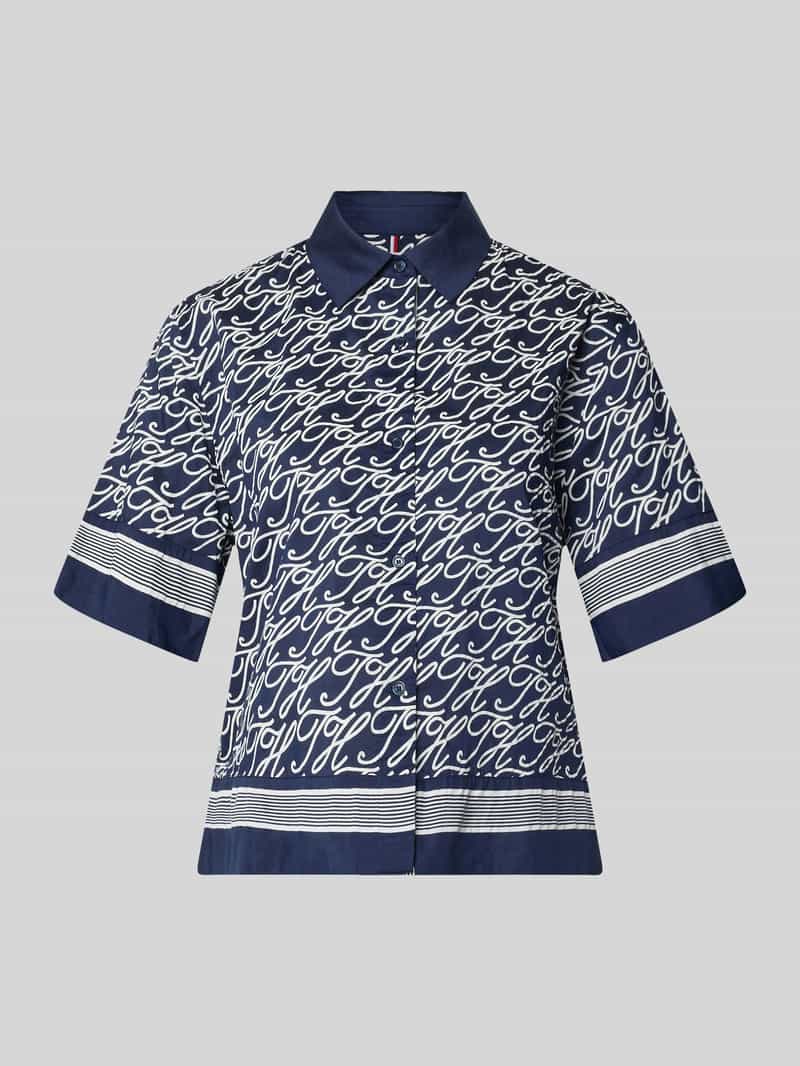 Bluzka z krótkim rękawem o kroju loose fit z mieszanki bawełny i jedwabiu Model 'TH SCRIPT PREPPY NAVY'