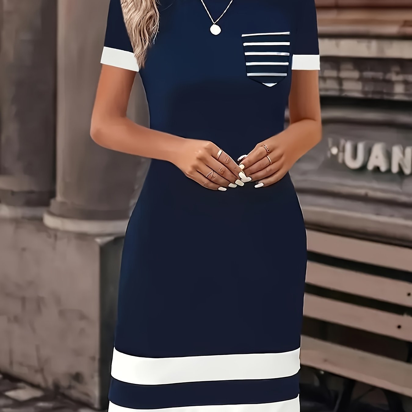 TEMU Europejska i Amerykańska Moda: Elegancka Damska Sukienka w Paski z Kieszeniami, Patchworkowym Nadrukiem i Krótkim Rękawem - Dopasowany Fason,