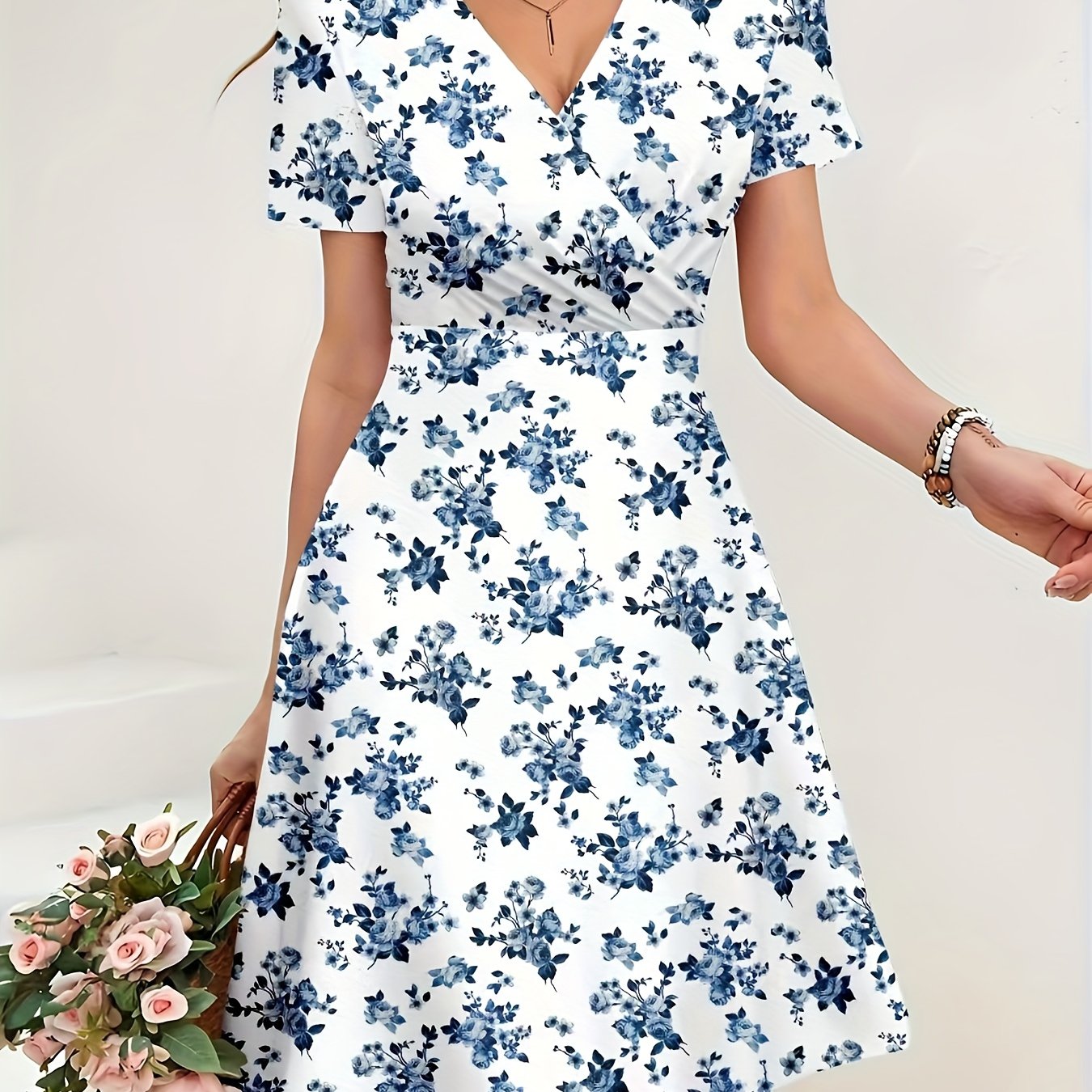 TEMU Elegancka sukienka z krótkim rękawem i dekoltem w serek w kwiatowy wzór Idealna odzież wierzchnia lub do warstwowania, rozkloszowany krój,