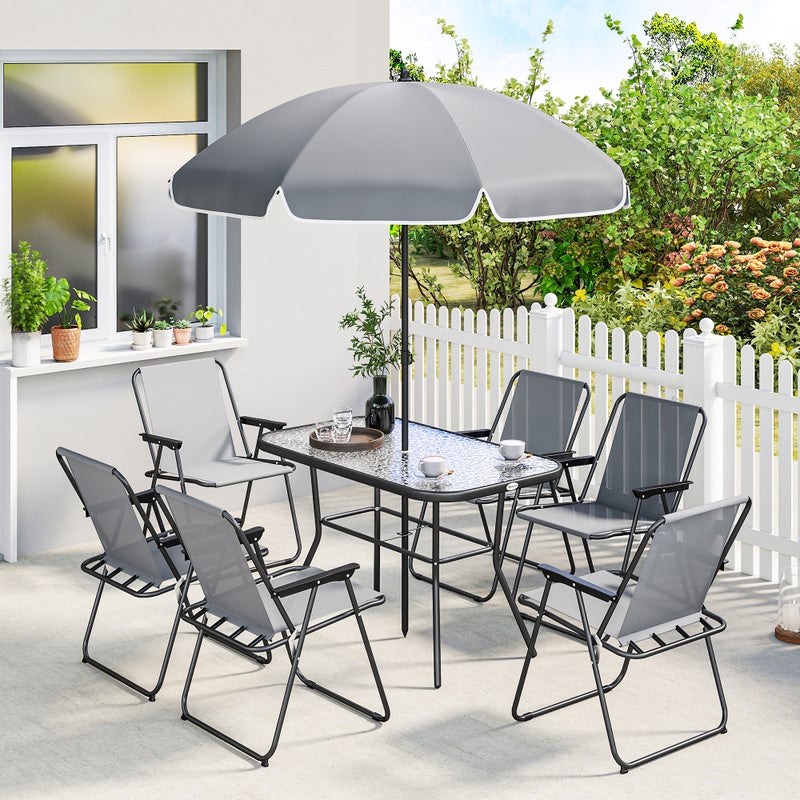 Zestaw mebli ogrodowych Zestaw siedzeń 119 x 68 cm Szklany stół z 6 składanymi krzesłami Parasol Water Wave Pattern Grey