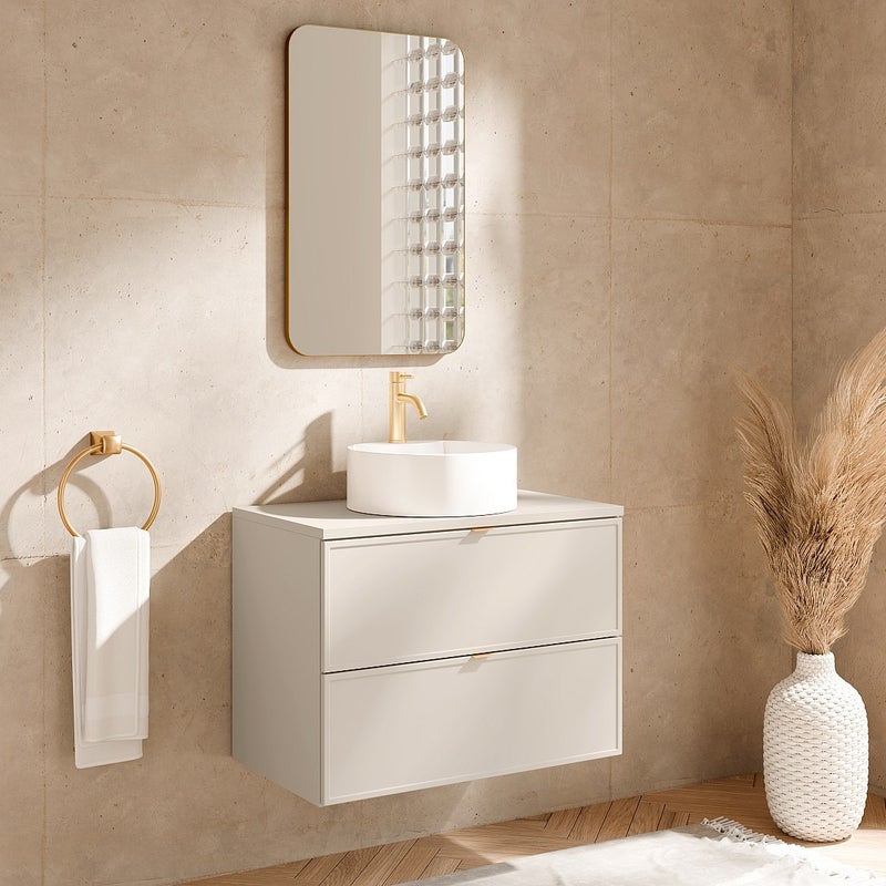 Wisząca szafka łazienkowa z okrągłą umywalką nablatową – Beżowa – 80 cm – ONDIL