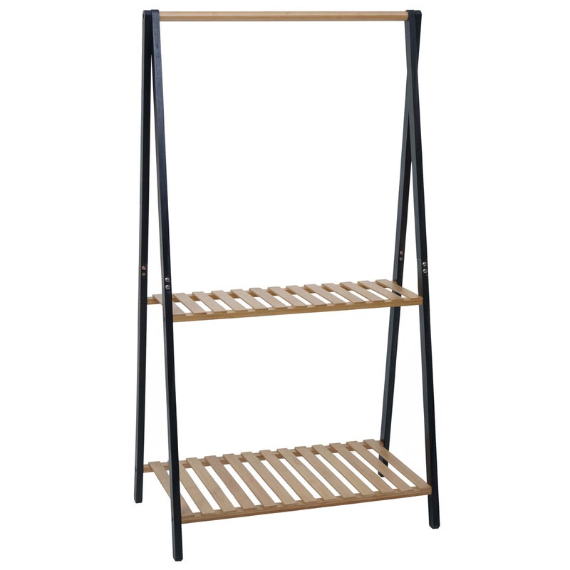 Stojak na ubrania z bambusa HWC-Q32, wieszak na ubrania, stojak na buty, drążek, 2 półki, 130 x 70 x 44 cm ~ kolor naturalny i czarny