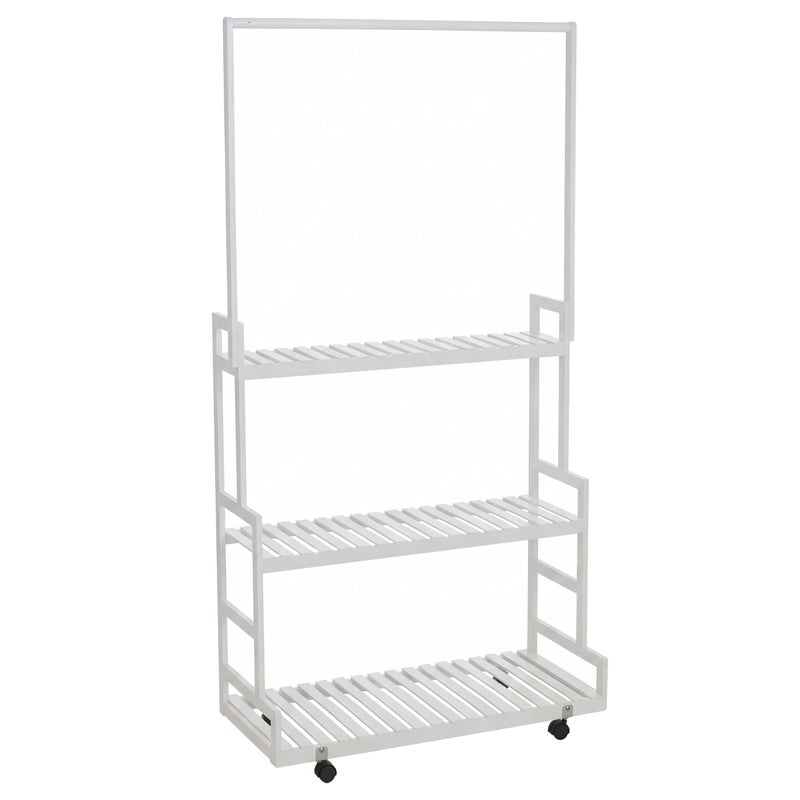 Stojak na ubrania z bambusa HWC-Q33, wieszak na ubrania, półka na buty, drążek i 3 półki, kółka, 175 x 93 x 38 cm ~ biały