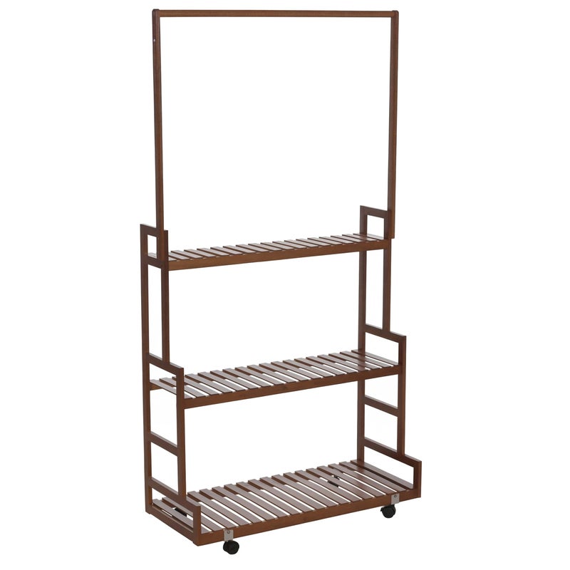 Stojak na ubrania z bambusa HWC-Q33, wieszak na ubrania, półka na buty, drążek i 3 półki, kółka, 175 x 93 x 38 cm ~ brązowy