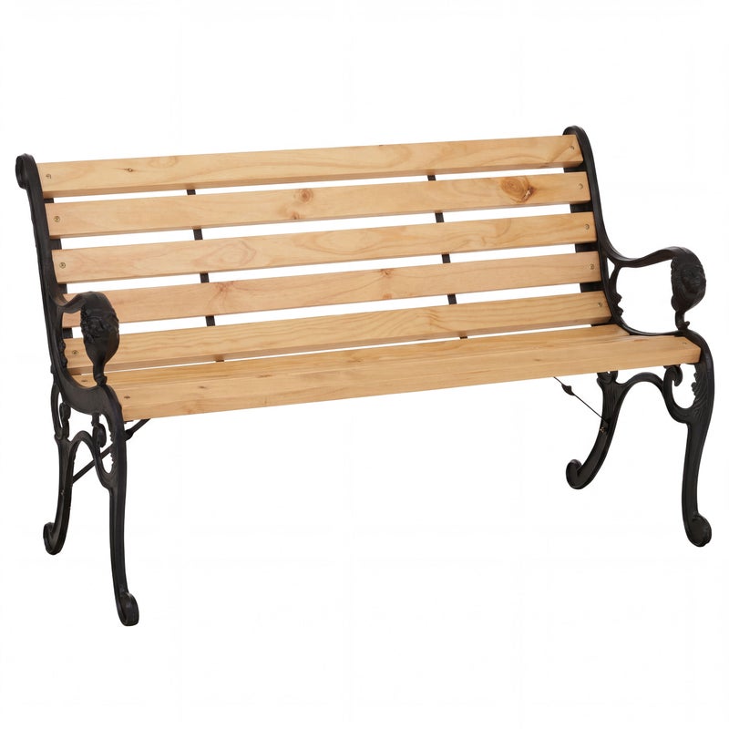 Ławka ogrodowa HWC-O25, ławka parkowa, ławka drewniana, 2-osobowa, żeliwo i drewno sosnowe, 132 cm ~ kolor naturalny