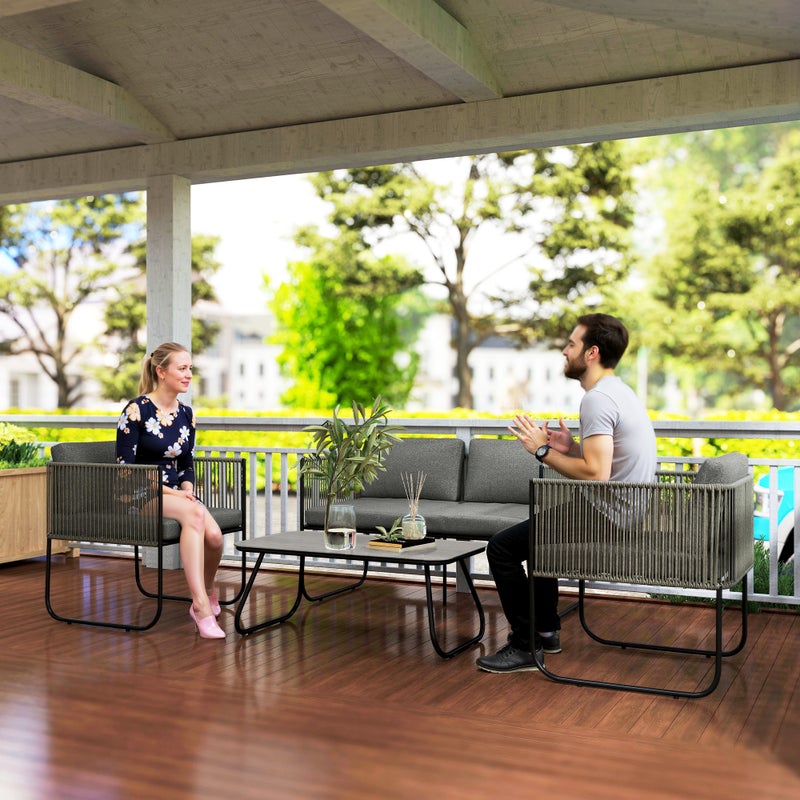 Zestaw ogrodowy polyrattan, kanapa, fotel, stół, poduszki, odporny na warunki atmosferyczne, 116x60x69 cm, brązowo-ciemnoszary