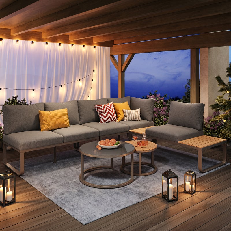 Zestaw mebli ogrodowych - 4 miejsca - ocynkowane żelazo - sofa narożna - 2 stoliki kawowe - z poduszkami i regulowanymi nóżkami - szary