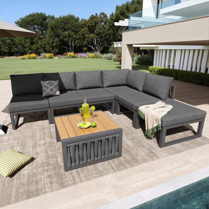 Zestaw mebli ogrodowych, lina, dla 5 osób - sofa narożna - stolik kawowy i drewniany blat - ocynkowane żelazo, szary