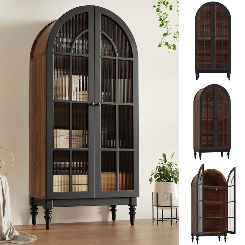 Wysoka, zakrzywiona szafka kuchenna z 2 szklanymi drzwiami - 76 x 35,5 x 165 cm - MDF - do kuchni i salonu - czarna