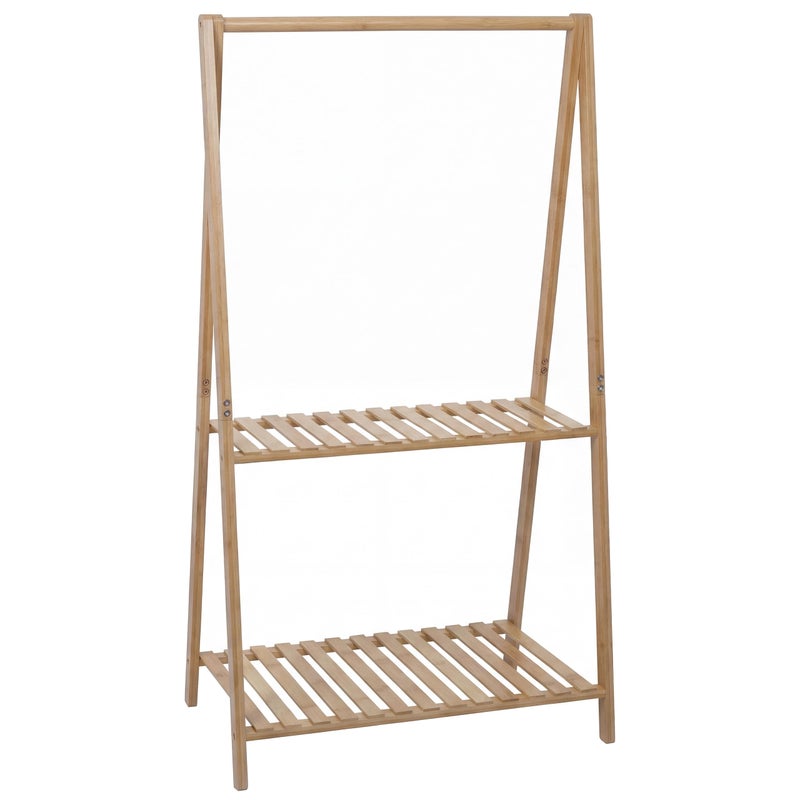 Stojak na ubrania z bambusa HWC-Q32, wieszak na ubrania, stojak na buty, drążek, 2 półki, 130 x 70 x 44 cm ~ kolor naturalny